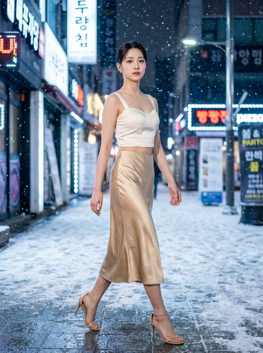 샴페인 글램: 새틴 미디 스커트의 유려한 우아함