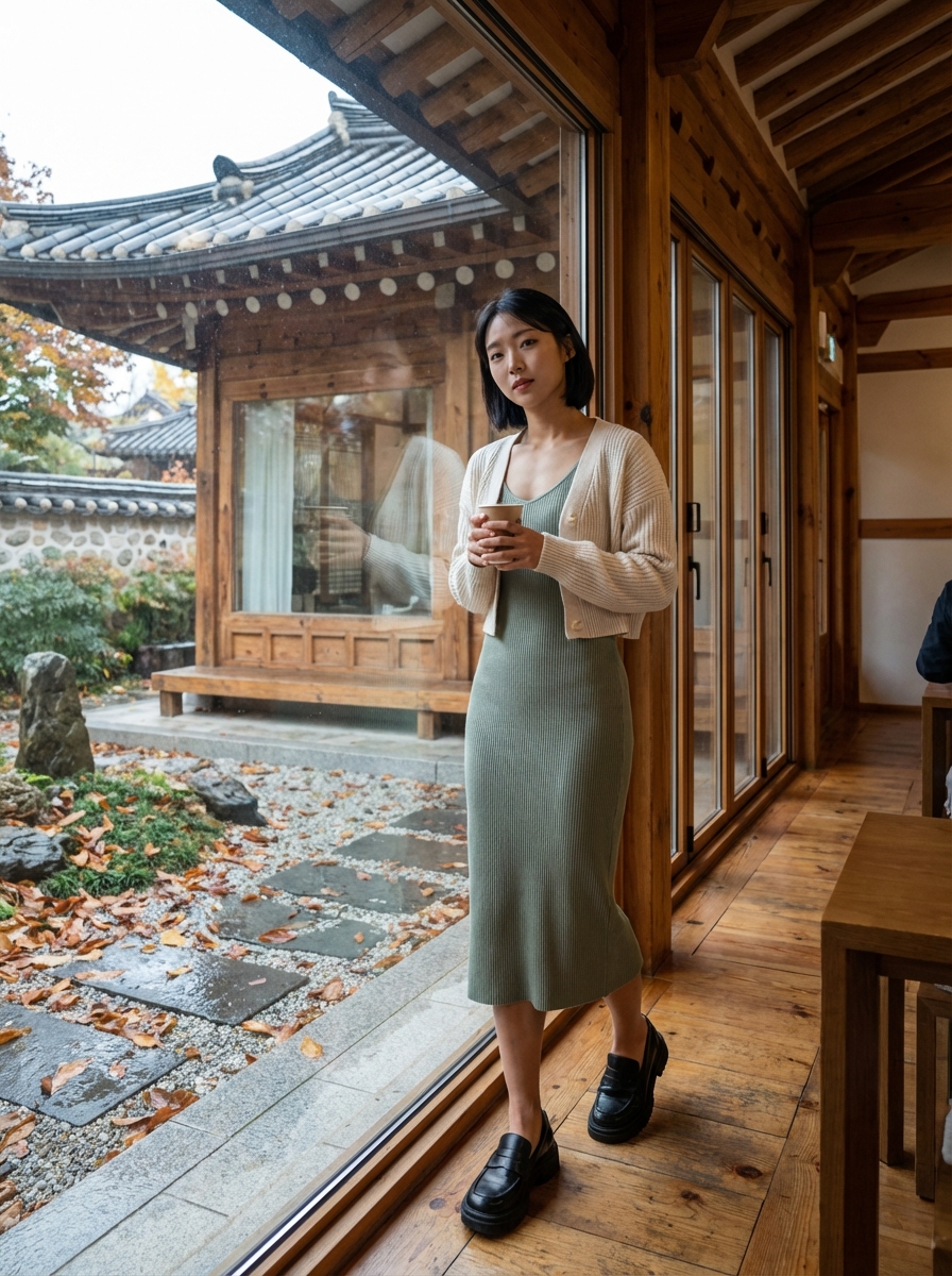 건강한 우아함: 스퀘어 넥 미디 드레스 룩