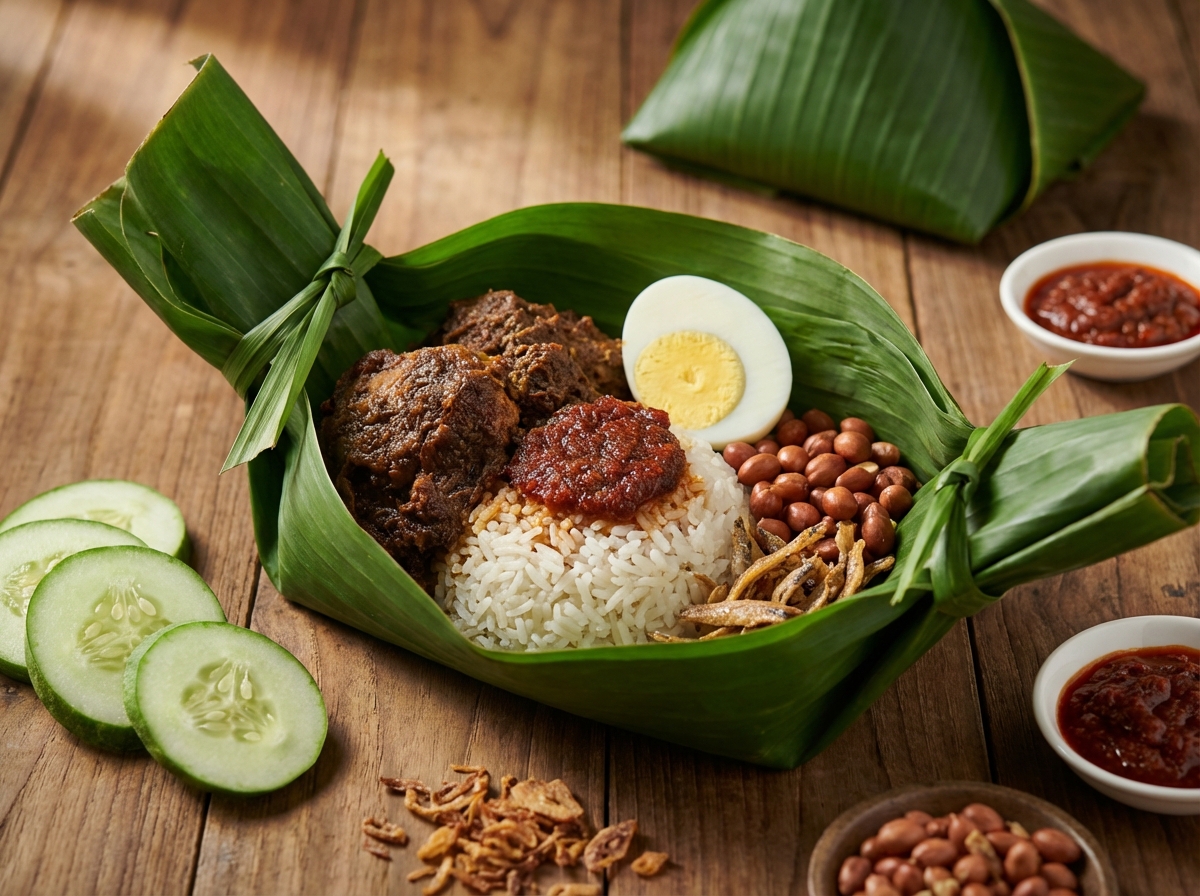 판단 잎으로 감싼 코코넛 라이스 & 치킨 른당 (Nasi Lemak Ayam Rendang Bungkus Daun Pandan)