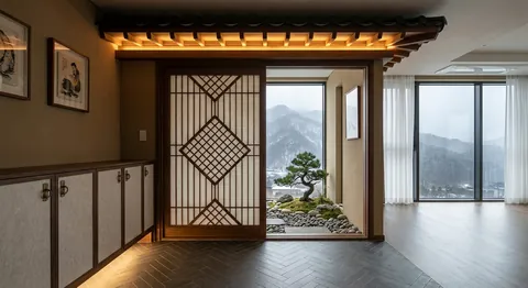 겹처마 그림자 드리운 능화문 현관 (Lozenge Doorway Under Double Eaves Shadow)